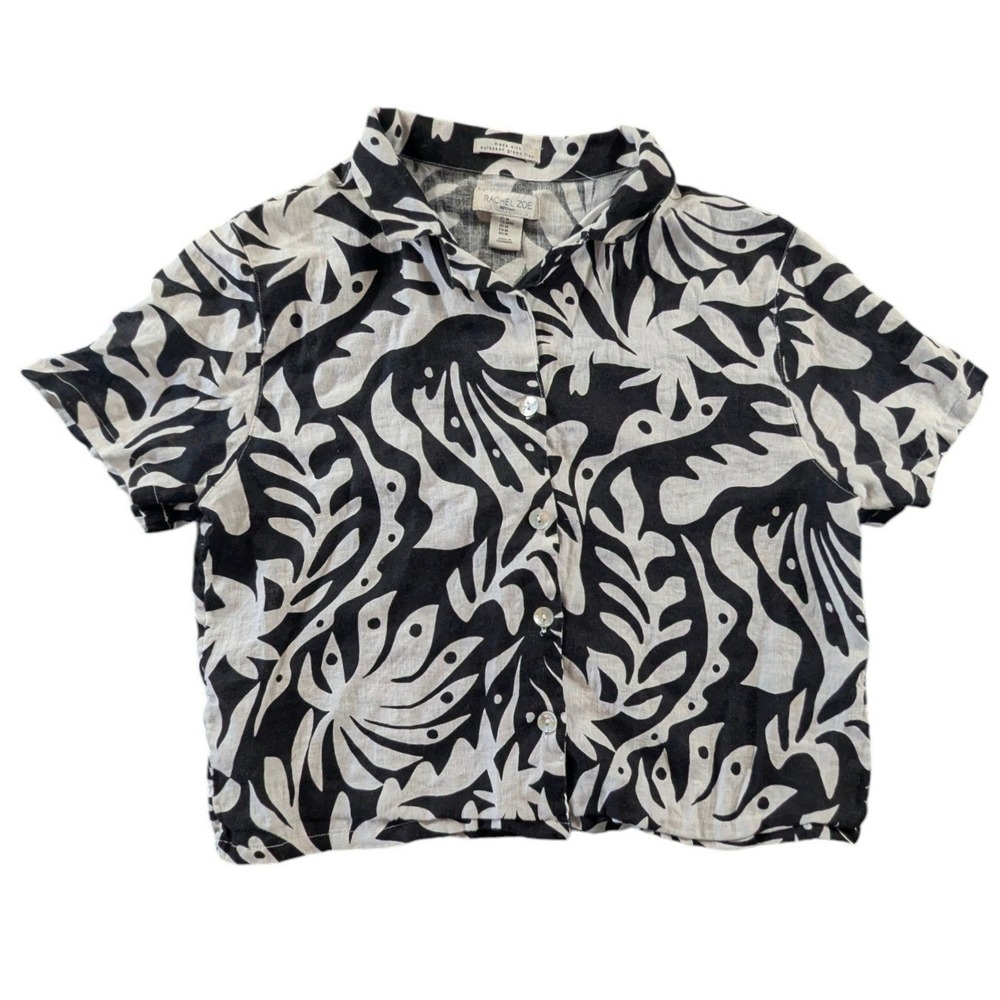 Rachel Zoe Linen Short Sleeve Button Down Shirt Black White Abstract Print Med
